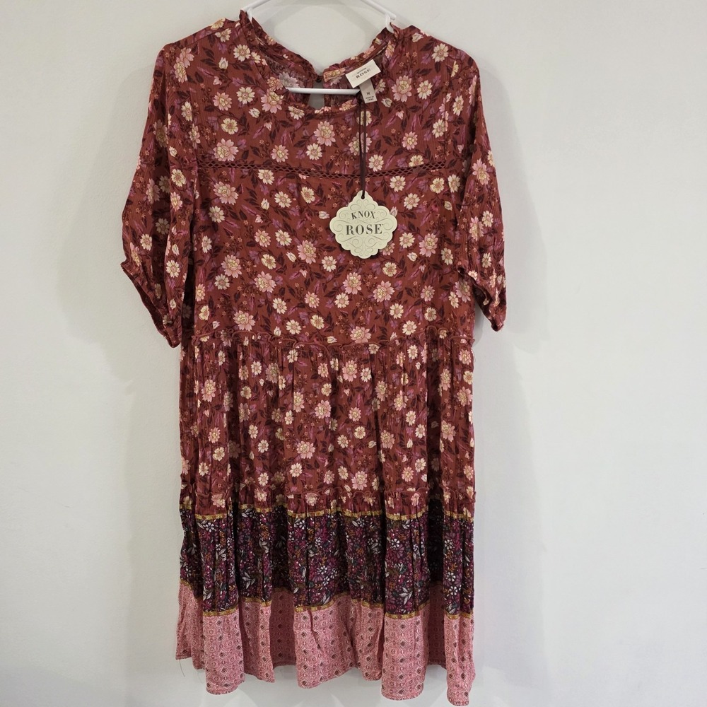 Knox Rose Womens Dress Size Medium Floral Orange Mini Tiered Boho Peasant Dainty